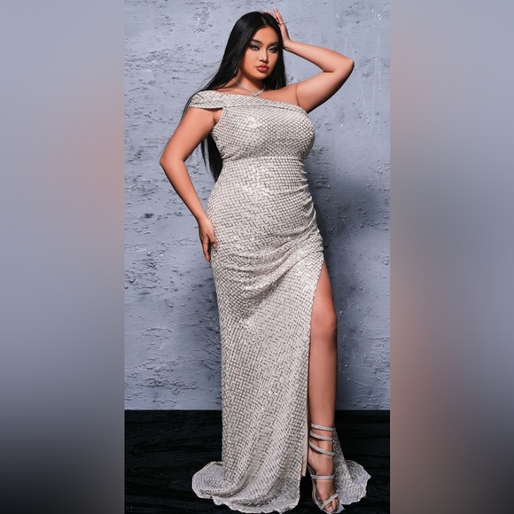 Plus One Shoulder Pleated High Split Dress - Picture 1 of 5